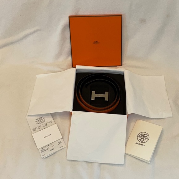 Hermes Reversible 32MM Leather Belt Orange & Black with Silver Hardware - Picture 5 of 6